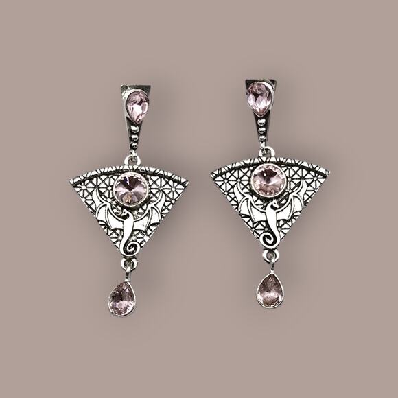 Fantasy Dragon Statement Drop Earrings Pink Crystal Silver Tone Gothic Y2K - Picture 1 of 4